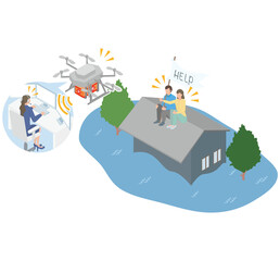 災害、水害による家の浸水で屋根に避難している人物を発見するドローン