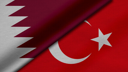 3D rendering of two flags of State of Qatar and Republic of Turkey together with fabric texture, bilateral relations, peace and conflict between countries, great for background