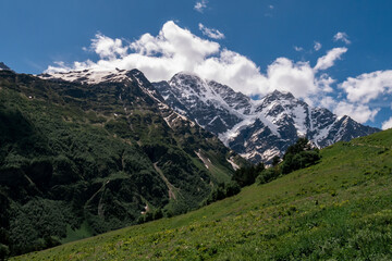 Fototapeta premium Greater Caucasus Range. Glacier Seven on mount Donguz-Orun in Elbrus region. Summer landscape