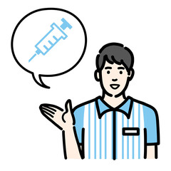 予防接種、ワクチンの説明をしているコンビニ店員の若い男性
