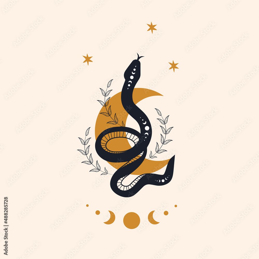 Wall mural magic snake in boho style with moon. mystical symbol in a trendy minimalist style. esoteric vector i