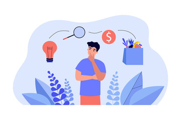Male character planning grocery shopping for cooking. Lightbulb, magnifying glass, coin and ingredients in bag symbols flat vector illustration. Startup, shopping concept for banner or landing page