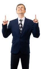 Portrait of a man in a blue business suit with a tie points his finger up. place for an inscription. isolated. White background.