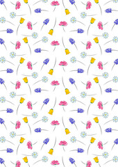 Spring flowers scattered pattern of tulip, rose, daisy and hyacinth. Colourful floral background for Easter, seasonal, Mother's Day, wedding projects