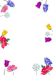 Spring flowers border of red roses, yellow and purple tulips, daisies and hyacinth. Colourful flower frame for invitations, weddings, Easter projects, gifts, cards