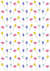 Spring flowers pattern of tulip, rose, daisy and hyacinth. Colourful floral background for Easter, seasonal, Mother's Day, wedding projects