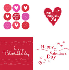 Set of 4 Valentine's Day cards, varied love hearts designs with Happy Valentine's Day messaging. Red, pink and white hand drawn romantic heart ribbons, love letters, abstract shapes