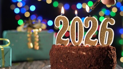 Happy New Year. golden candle number two thousand twenty six on a sweet cake on the table, 2026. Fire from the lighter, blow out the holiday candle. - Powered by Adobe