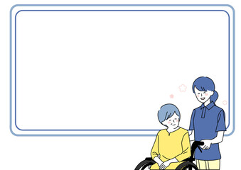 Fototapeta premium 介護士と車椅子に乗ったシニアのテキストフレーム