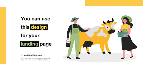 Family of farmers and cow on rustic farm. Woman holding box with harvest flat vector illustration. Family organic milk production, farming concept for banner, website design or landing web page