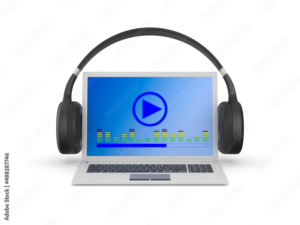 Sticker laptop and headphone on white background. Isolated 3D illustration