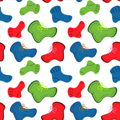 Bright seamless pattern featuring warm colorful socks and off-season boots. Vector repeat texture.