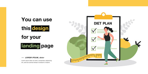 Healthy activity of woman with diet plan checklist on clipboard. Girl on jogging workout flat vector illustration. Weight loss, healthy lifestyle concept for banner, website design or landing web page