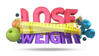 Lose weight text with measure tape, apples, blueberry and fitness equipment. 3d illustration.