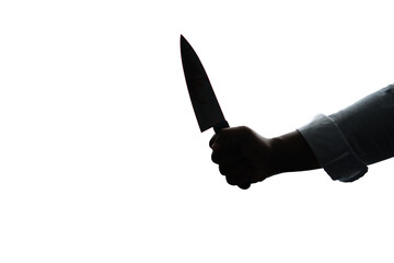 silhouette of criminal hand holding knife on white background, cut out