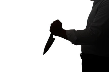 Silhouette of a criminal standing with a knife on a white background, Cut Out