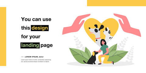 Adopted pets in human heart. Woman loving dog, adopting homeless puppy flat vector illustration. Adoption, love to animals and charity care concept for banner, website design or landing web page