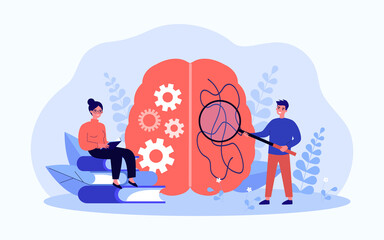 Tiny characters with logical and creative halves of brain. Organized woman reading book, man examining tangle with magnifier flat vector illustration. Intelligence, psychology concept for banner