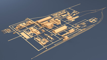 Isometric map or plan of urban industrial area with factory. Infographic design template. 3d render
