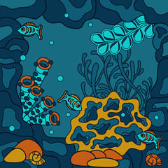 Underwater Cave with Fishes, animal sponges and deep plants. Hand drawn vector colorful illustration