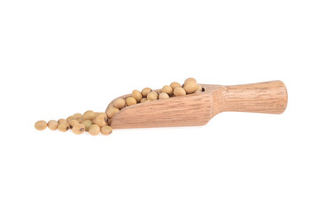  soy beans in wooden spoon isolated on white background.