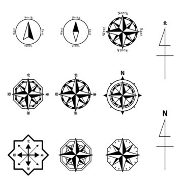 地図の方位マーク コンパスローズ, ウインドローズ 背景なし 透過 日本語での方位入り, ベクターイラスト セット