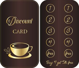 Loyalty discounnt card, voucher,coupon with free coffee for cafe and restaurant. Rich brown background.