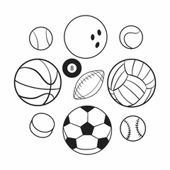 Balls for different sports line drawing. Vector sketch isolated on white background.