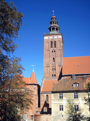 Obraz premium Beautiful view of a medieval brick clock tower with a tiled roof in an old Polish town in the Warmian-Masurian Voivodeship in Gothic style. A quiet, calm, sunny summer day. 