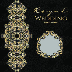  luxury royal wedding invitation card with golden floral and swirl shiny . black background
