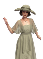 3D Woman in retro green gown and hat