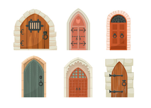Medieval castle doors cartoon illustration set. Heavy old wooden gates to dungeon or portal in stone arch, entrance to ancient tower or fortress. Building facade, fantasy concept