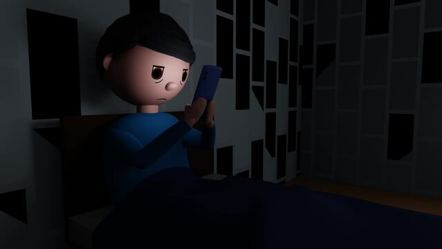 3D animation of a cartoon man doom scrolling in bed at night, while yawning, or engaging in revenge bedtime procrastination .