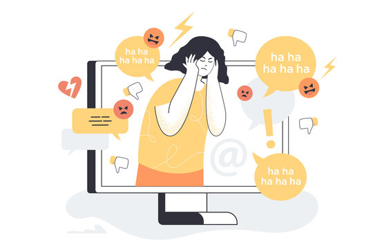 Girl on computer screen getting hate comments on social media. Person under stress, stop violence flat vector illustration. Cyber bullying, crime concept for banner, website design or landing web page