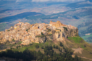Fototapeta na wymiar View of Calascibetta from Enna, Sicily, Italy, Europe