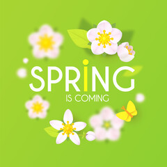 Spring is comming. Cute flower design with apple tree blossom, butterflies and bees