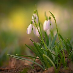 Spring flowers. Beautiful first spring plants - snowdrops. (Galanthus) Colorful nature background.