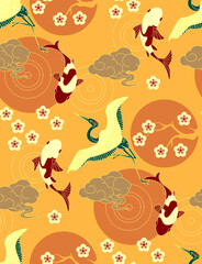 Chinese seamless pattern in traditional asian style. Cranes, koi fishes, flowers and clouds. China design.