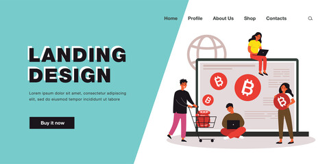 People buying bitcoin on computer. Man and woman trading online on stock exchange on laptop. Cryptocurrency investment. Crypto coin, digital currency concept. Flat vector illustration.