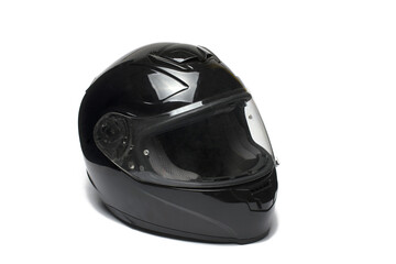 Closeup black motorcycle helmet white background