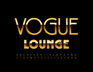 Vector chic emblem Vogue Lounge. Elegant slim Font. Gold Alphabet Letters and Numbers set