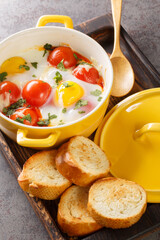 Egg cocotte with cheese and vegetables served with fresh parsley and toast closeup in the wooden tray on the table. Vertical