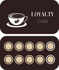 Loyalty coffee card template. Deep brown background.