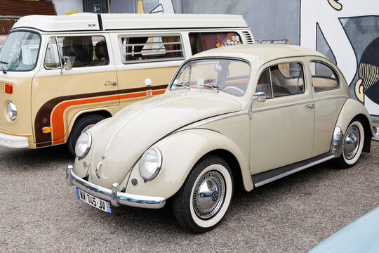 vw Volkswagen old Beetle ancient vintage car parked front bus westfalia type 2 camper old timer fashion vehicle