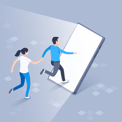 isometric vector illustration on a gray background, a portal in the screen of a smartphone and a man and a woman running there, a game portal