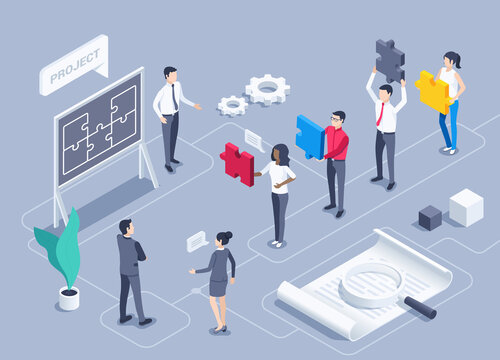 isometric vector illustration on a gray background, people in business suits work in a team on a common project, the missing piece of the puzzle