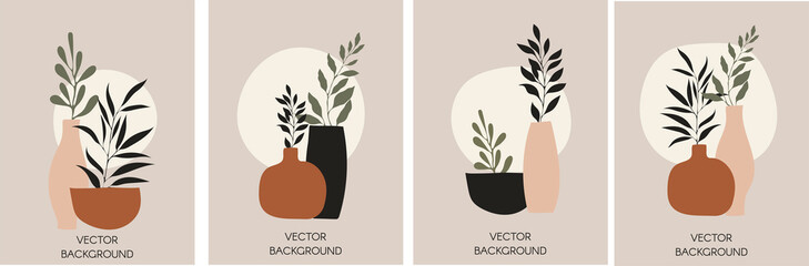 Set of vector abstract universal backgrounds templates in minimal boho style with branches. © Rita Kostor