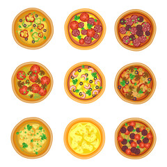 Pizza with different fillings top view cartoon illustration set. Pizza margherita, pepperoni, seafood, vegetarian, Hawaiian. Pizza with chicken, mushrooms or tomato. Traditional Italian food concept
