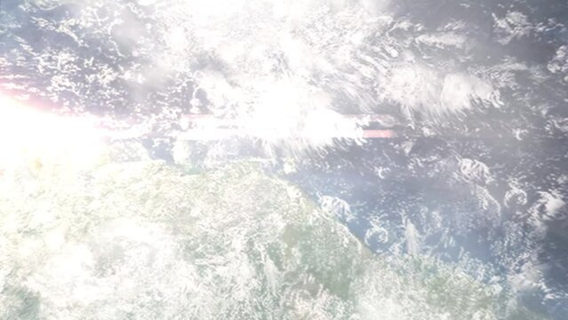 Earth zoom in from outer space to city. Zooming on Trinidad and Tobago, Port of Spain. The animation continues by zoom out through clouds and atmosphere into space. Images from NASA