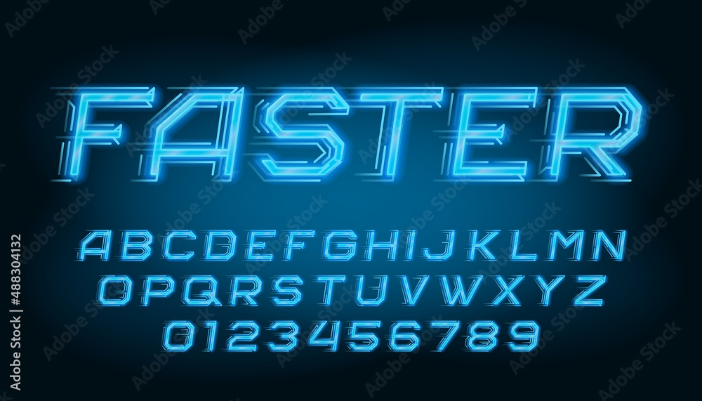 Fototapete faster alphabet font. speed effect neon letters and numbers. stock vector typeface for your typograp